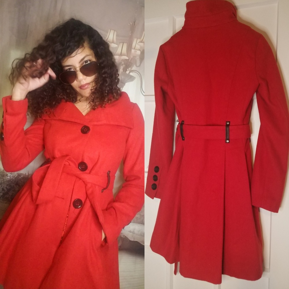 Red trench coat with belt